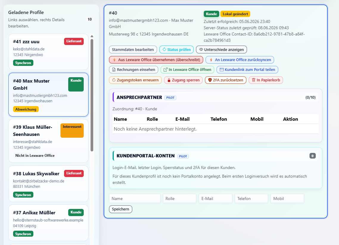 Kundenprofil mit Sync-Status – „Lokal geändert" und Versions-Vergleich zum Server