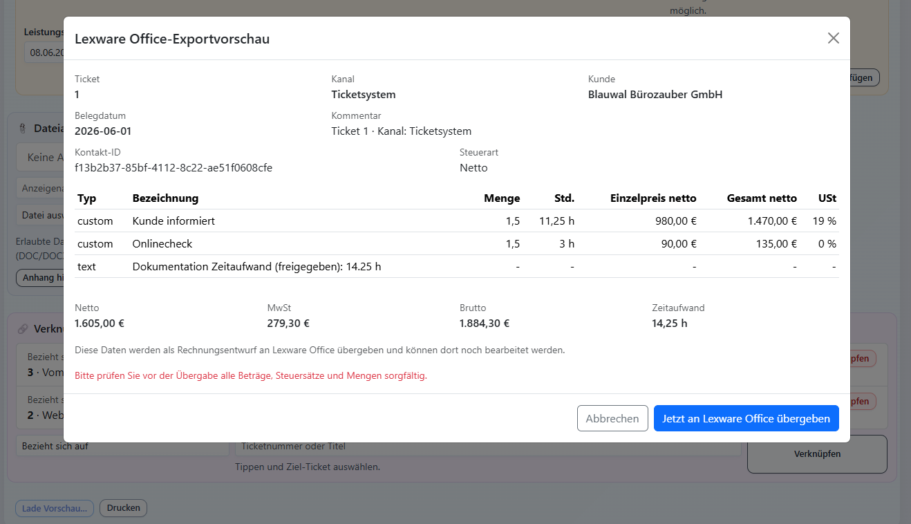 Lexware Office-Exportvorschau – Beträge prüfen, dann als Rechnungsentwurf übergeben