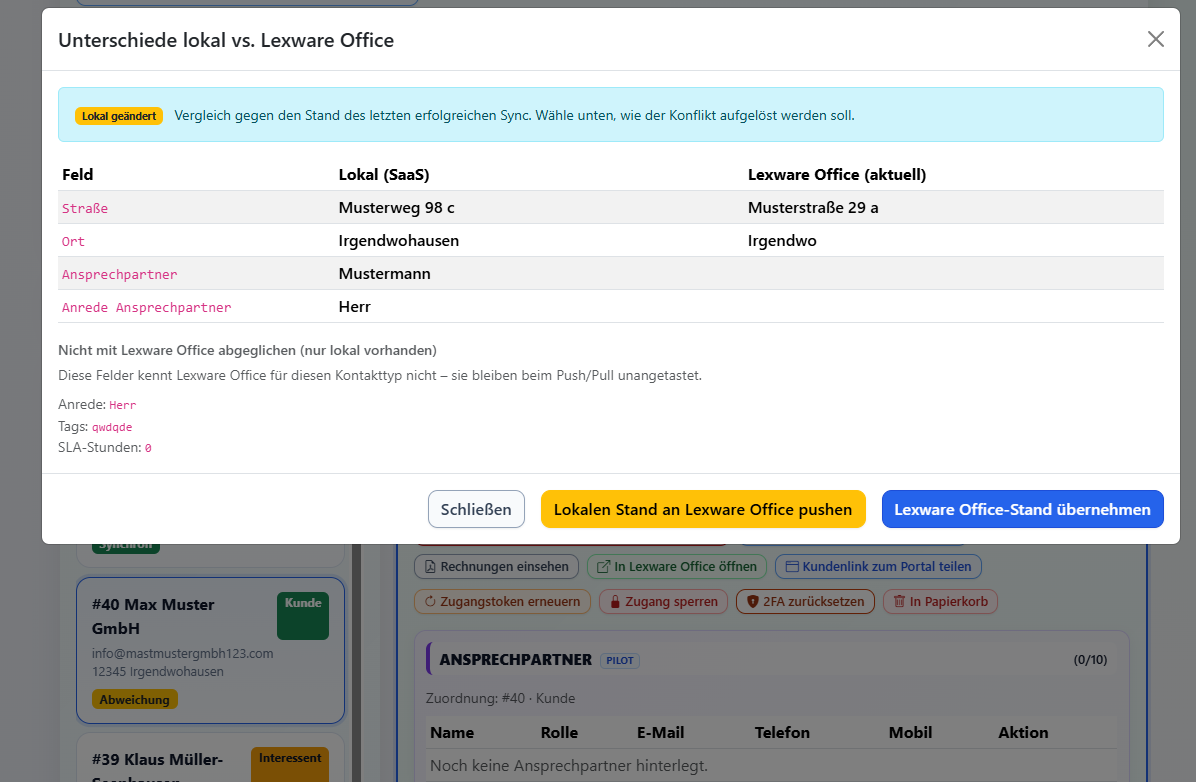 Konflikt-Modal: Feld-Diff lokal vs. Lexware Office – Lösung per einem Klick