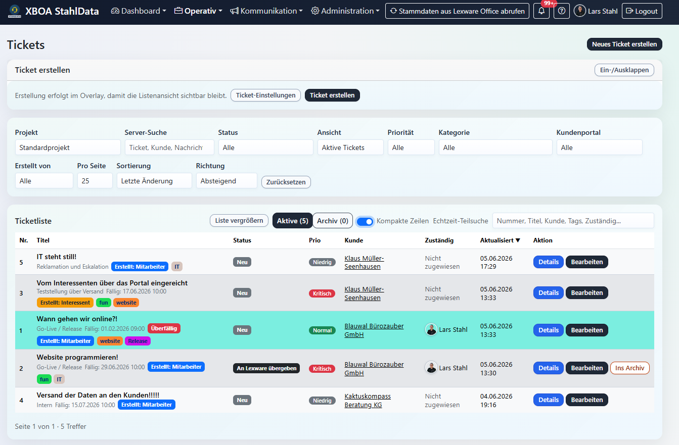 Ticketliste mit Server-Suche, Filtern und Live-Teilstring-Suche