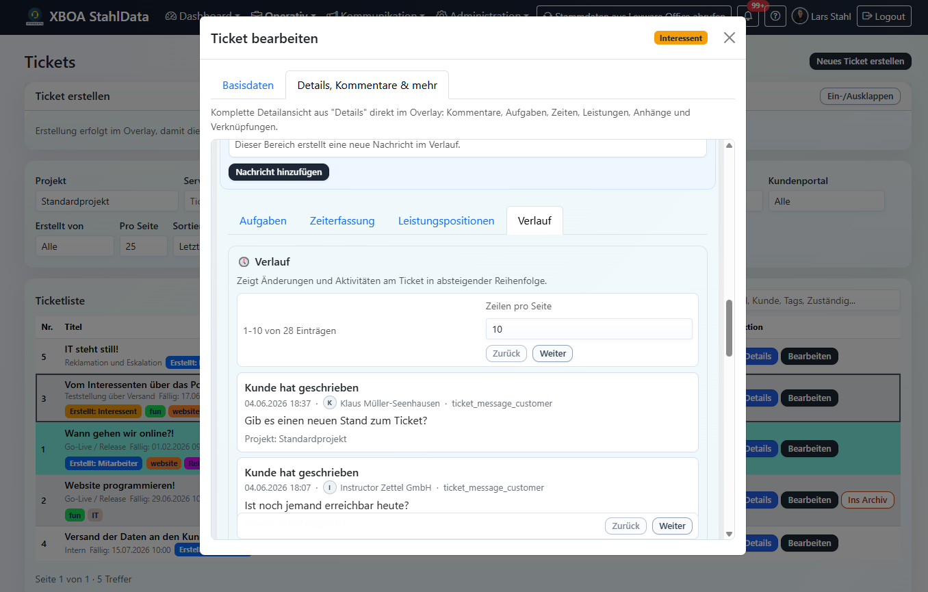 Ticket-Verlauf – jede Aktion vom Kunden und Team chronologisch