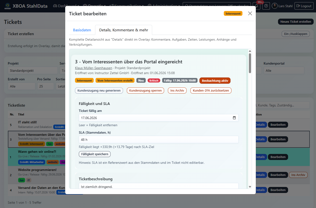 Ticket-Details – Fälligkeit, SLA aus Stammdaten und Kundenportal-Aktionen